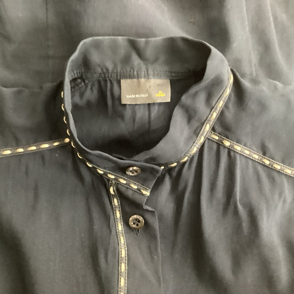 Fendi Black Cotton Button Up Blouse Leather Trim Flawed 40 (Sm) - Picture 5 of 10